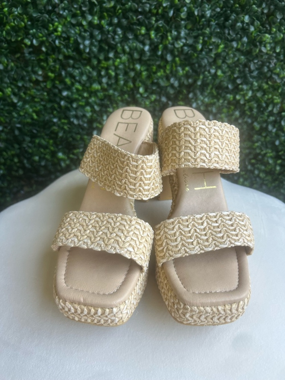 Matisse Beige Raffia Two-Strap Slide Mules